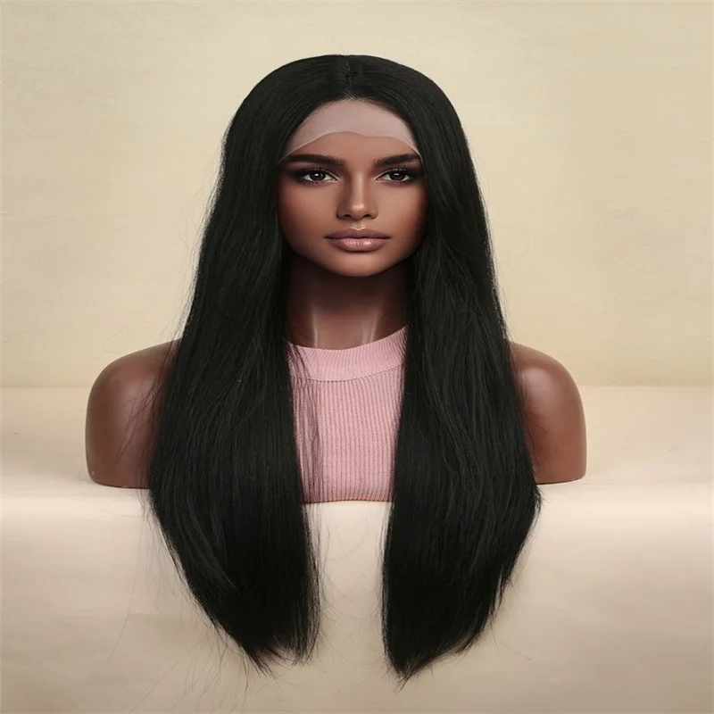 Soft Natural Black 26Inch Kinky Straight Lace Front Wig With Mached All Skins With Baby Hair Synthetic Preplucked Glueless Daily