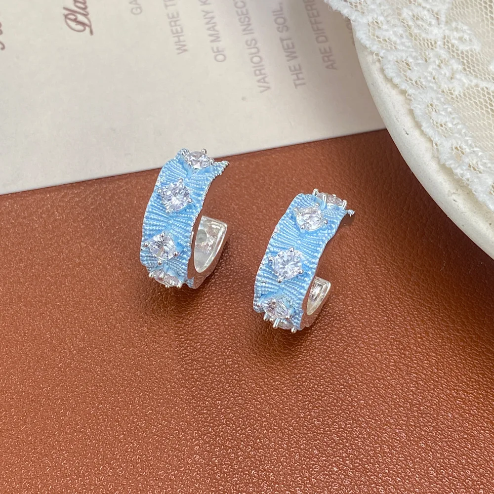 Zircon blue geometric earrings women's personality fashion light luxury versatile super flash earrings