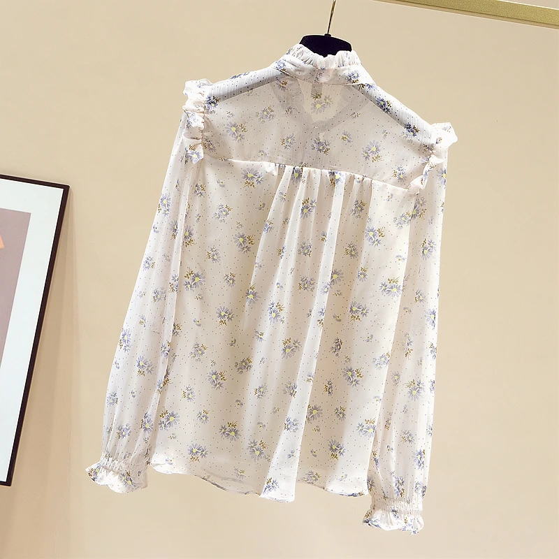 Women Long Sleeve Floral Print Chiffon Blouse Women Ruffle Collar Bowtie 2023 Autumn Top Loose Elegant Ladies Casual Shirt 28554