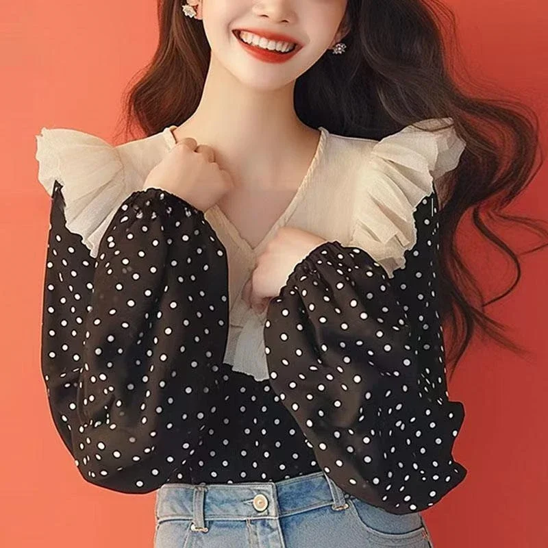 

New Design Long Sleeve Polka Dot Lotus Leaf Shirt Beautiful and Fashionable Top