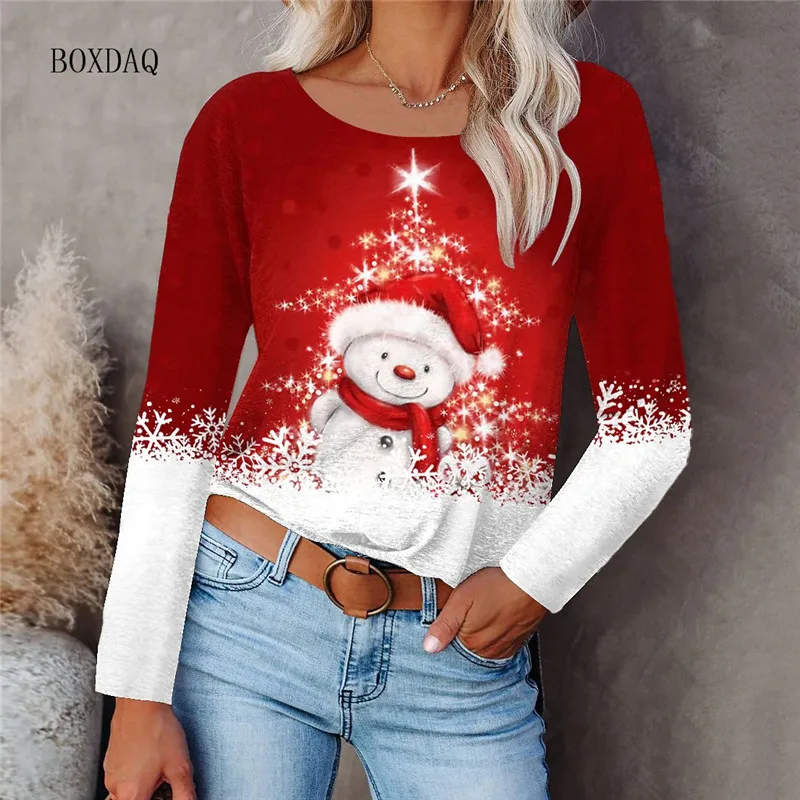 Christmas Style Women Long Sleeve T-shirts Autumn Winter Street 3d Christmas Snowman Print Ladies Tees 6XL Big Size Casual Tops