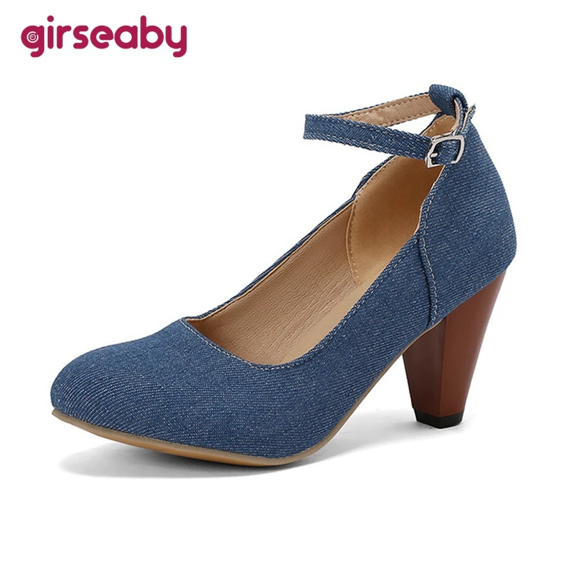 Girseaby Women Pumps Pointed Toe 7.5cm Spike Heel Denim Fabric Office Ankle Strap Fashion New Design Party Big Size 46 47 48