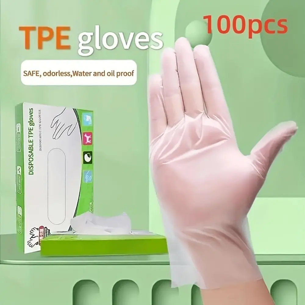 100Pcs Latex Free Gloves TPE Disposable Gloves Transparent Non-Slip Acid Work Safety Food Grade Household Cleaning Gloves