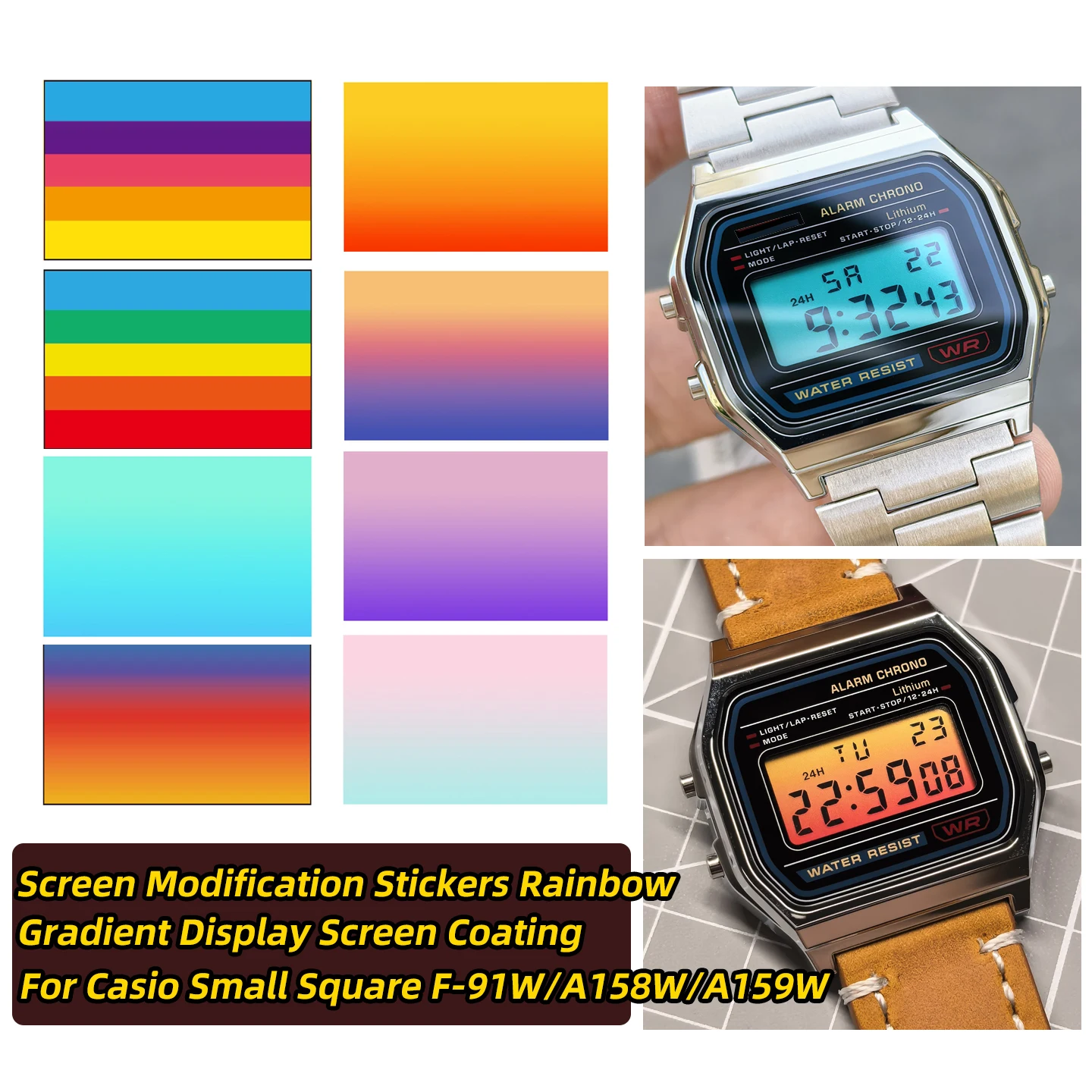 Refit dial screen accessories For Casio Small Square F-91W/A158W/A159W Screen Stickers Rainbow Gradient Display Screen Coating
