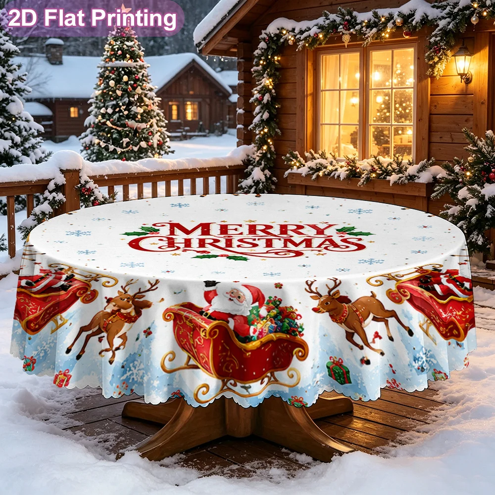 round tablecloth, Merry Christmas, Santa Claus sleigh round carpet printed festive tablecloth with embossed edges