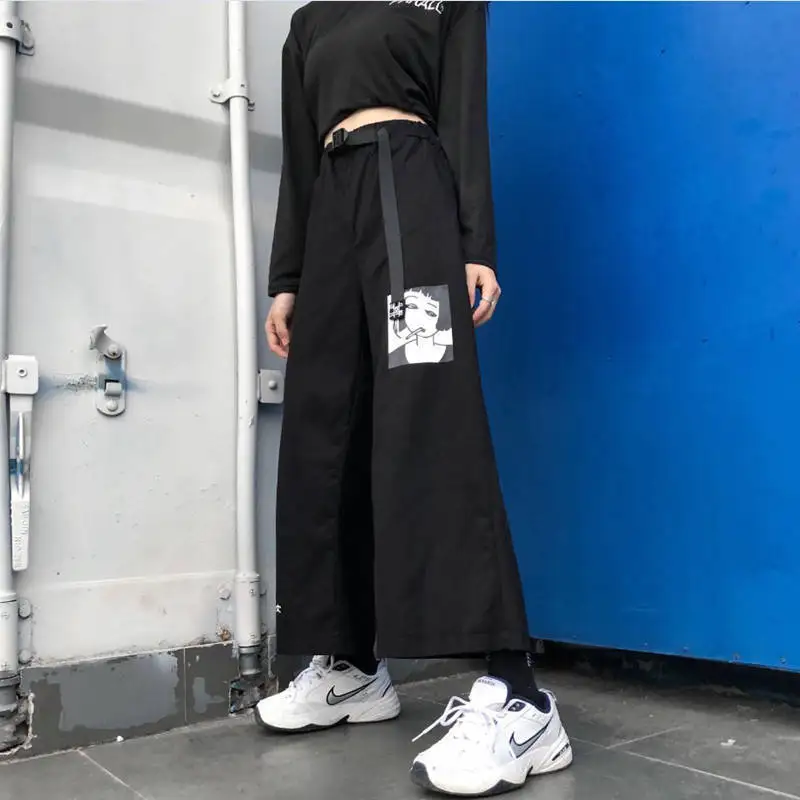 

2022 Fashion Trousers Harajuku Loose Straight-leg Pants Anime Print High Waist Belt Wide Leg Pants Women Jogging Pants Korean