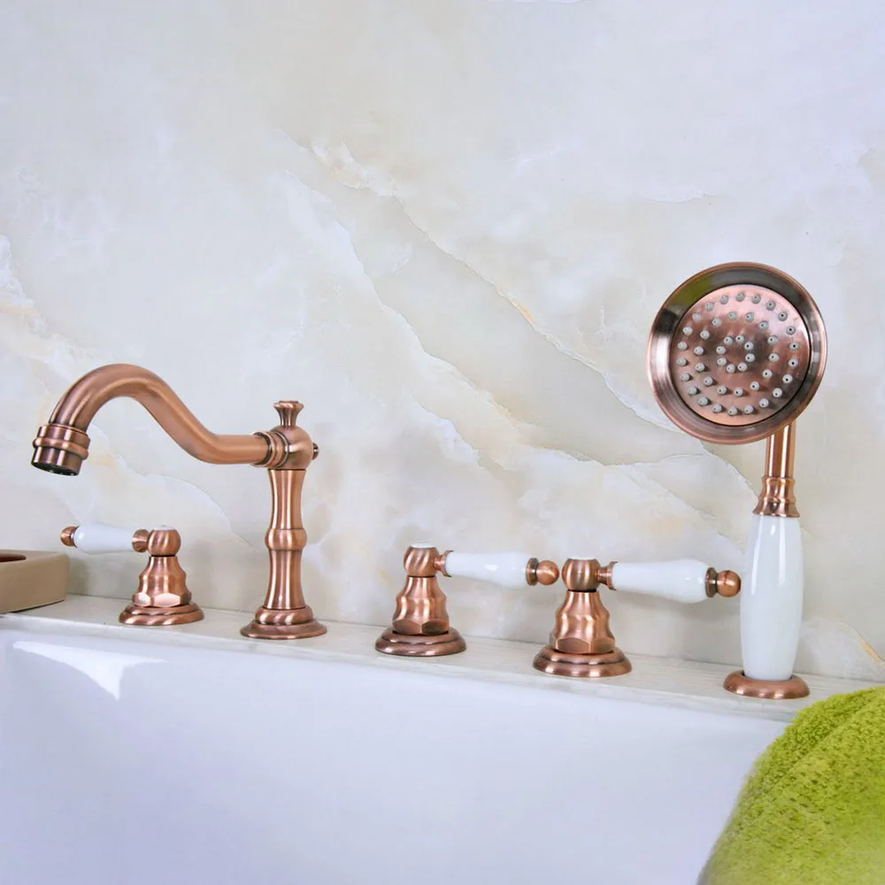 Antique Red Copper Bathtub Faucet Set with Handheld Shower Deck Mounted Roman Tub 5 Holes Hot and Cold Water Mixer Tap Ltf227