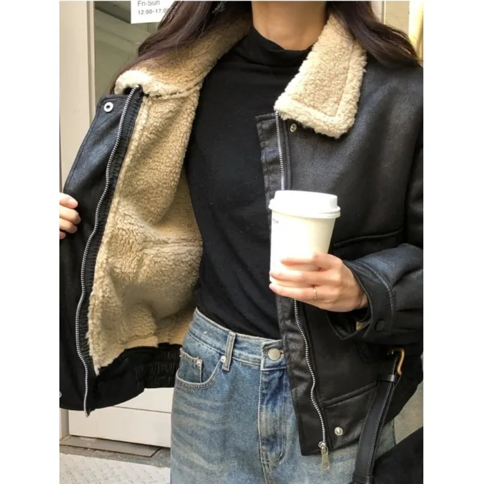 レディースシックオーバーサイズ暖かいラムファーカラーレザージャケットスタンドカラーコートロングスリーブユースファッション秋冬コート