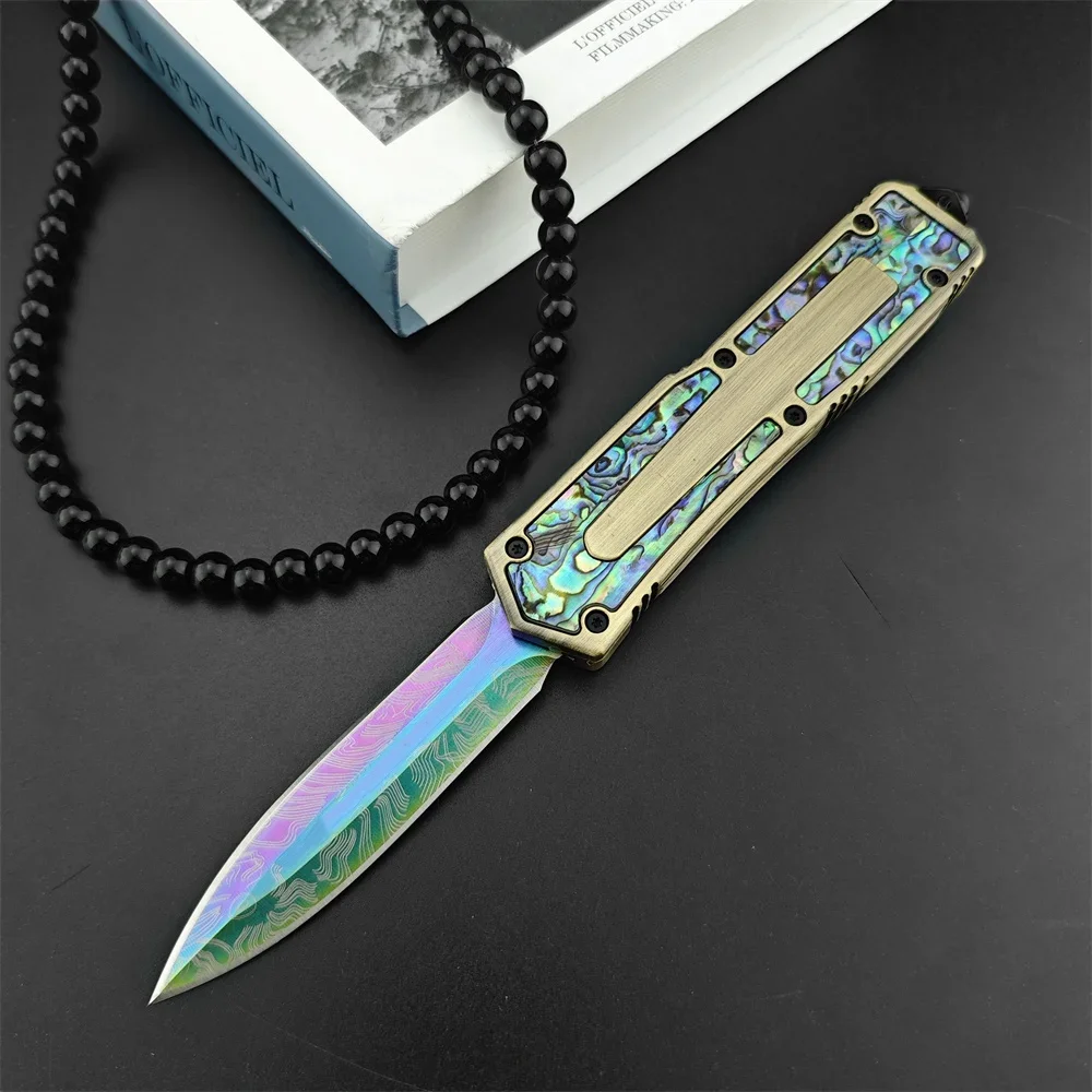 Tactical Colorful Pattern Pocket Knife 440 Blade Zinc Alloy Inlaid Bobby Handle Outdoor Camping Hunting Knives