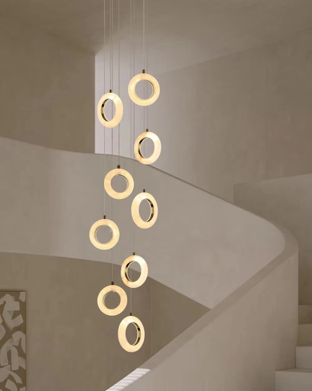 Natural Marble Circle Black Gold Led Dimmable Chandelier Lighting Alabaster Suspension Luminaire Lampen For Foyer Staircase