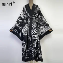 WINYI kobiety kimono moda elegancka Vintage czarno-białe drukowanie boho Kaftan talia pieczęć sukienka abaya z długim rękawem Casual Kaftan