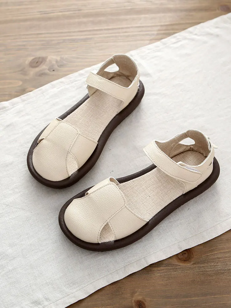 Handmade Cotton Linen Flat Bottom Hollow out Roman Style Sandals for Summer Casual Wear with Skirts Magic Tape Closure