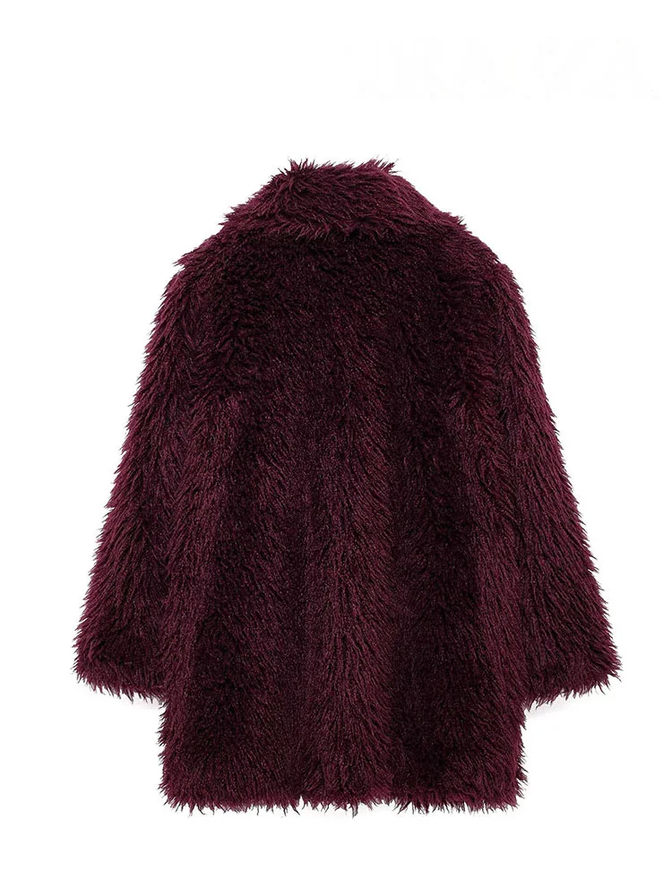 HH Giacche da donna in pelliccia sintetica maniche lunghe larghe colletto rovesciato caldo cappotto lungo invernale femminile vino rosso capispalla casual vintage