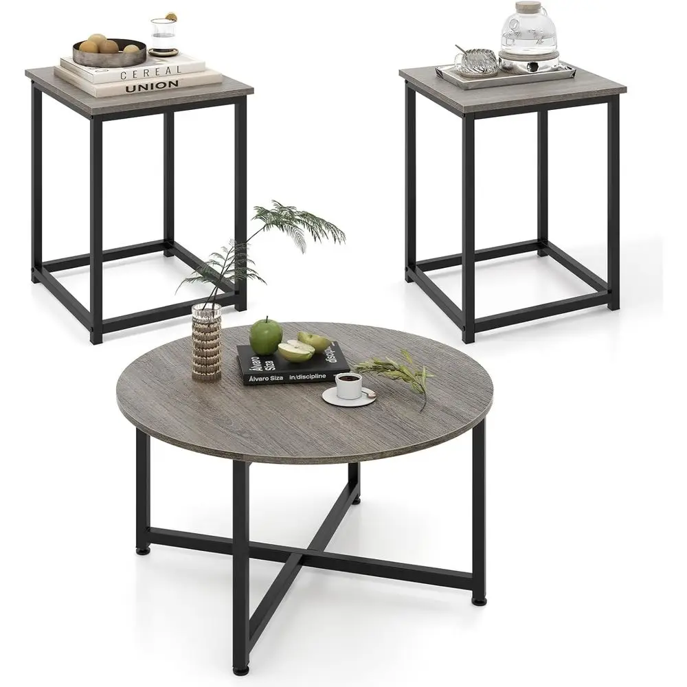

3-Piece Nesting Coffee Table Set with 2 End Tables, Sturdy Metal Frame, Wooden Living Room Furniture, Black Oak Finish