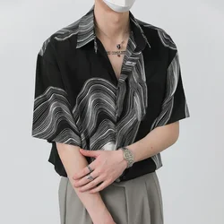 2023 New Korean Fashion Design Irregular Shirt Men Texture Pattern Loose Short Sleeve Summer Silky Drape Non-ironing Lapel Shirt