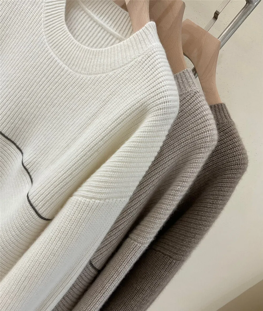 Fall Winter Women\'s Bead Chain Cashmere Knitting Sweaters O-Neck Pullover Long Sleeves Slim Fit Straight Top‘s Female