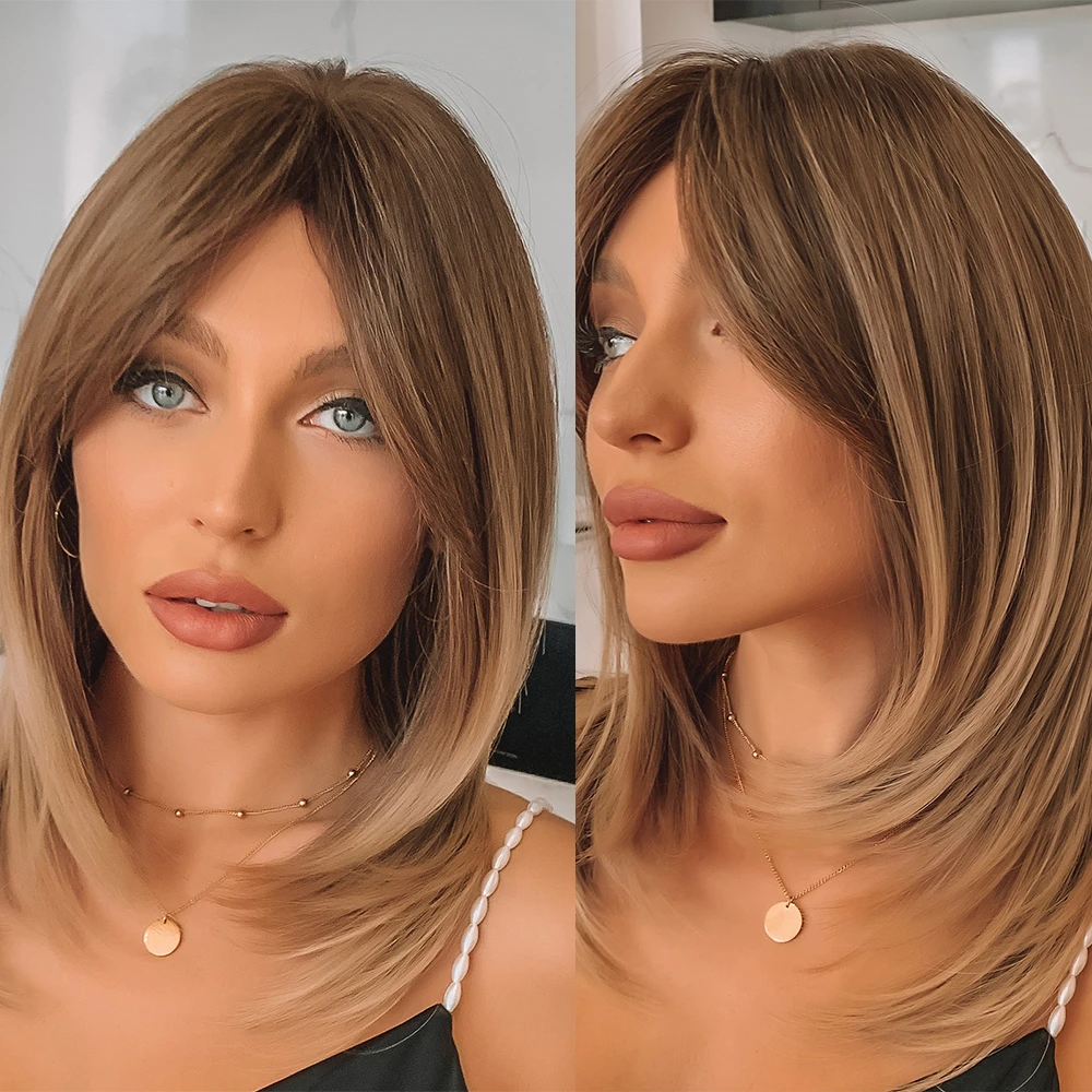 Brown Ombre Synthetic Middle Long Straight Wig with Bangs Dark Root Natural Looking Hair Wig for Women Afro Daily Heat Resistant