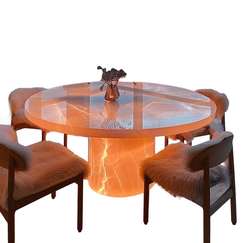 

natural white ice jade luxury stone dining table and chair combination light luxury villa jade marble round dining table