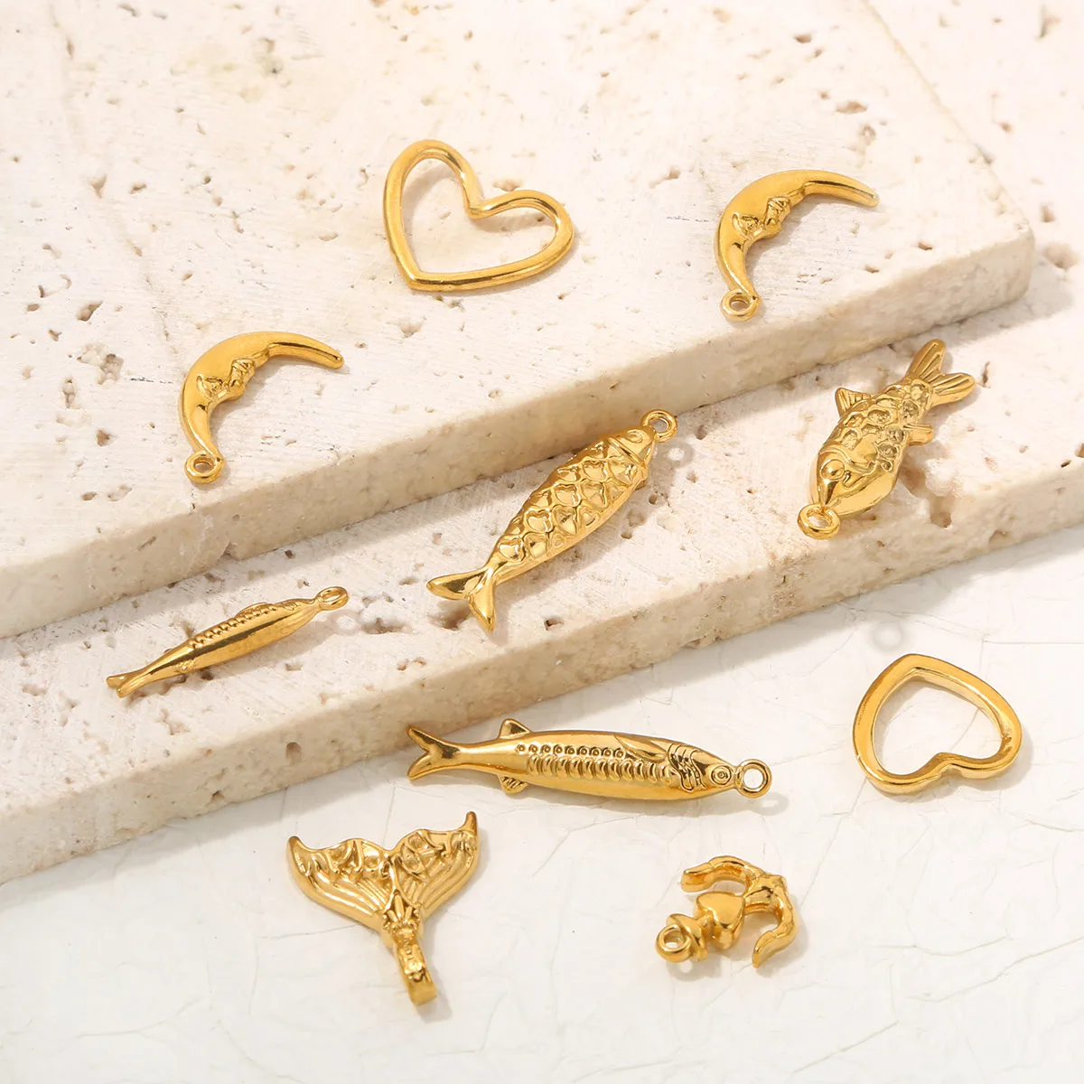 5PCS Stainless Steel Heart Moon Fish Boat Anchor Charm for Jewelry Making PVD Gold Plated DIY Necklaces Bracelet  Accessories