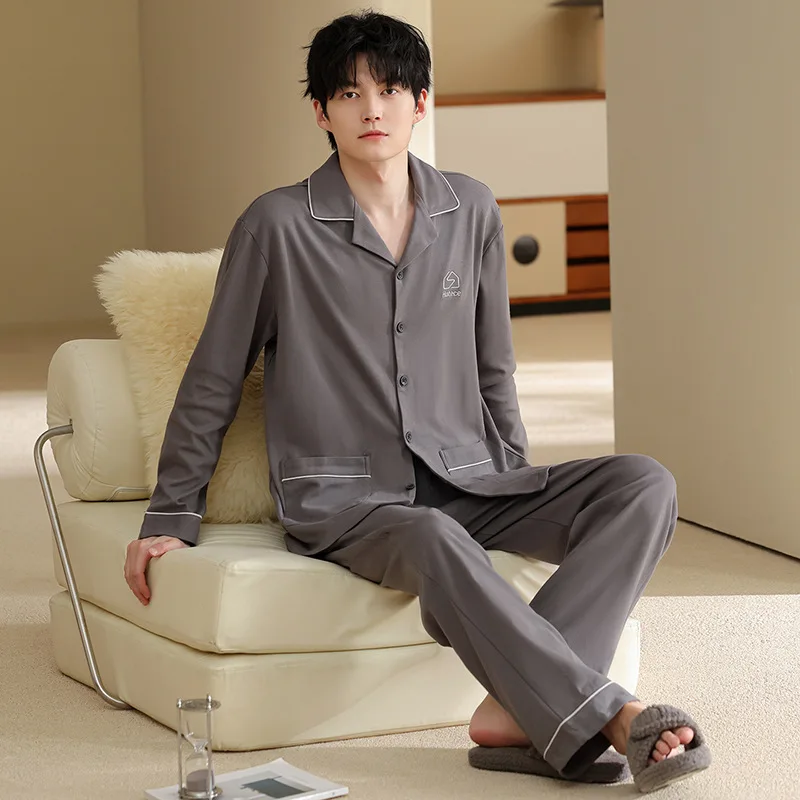 Korean Fashion Cotton Nightwear for Men Cardigan Sleeping Top Long Pant 2pcs/set Nightwear Male Pjs Pyjamas Hombre Dropship