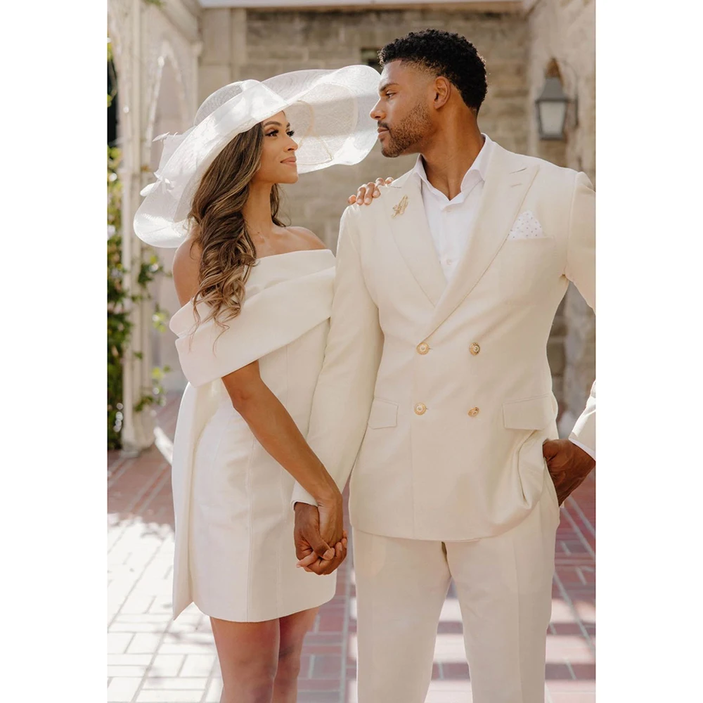

Handsome Elegant White Men's two Pieces Suit Peak Lapel Double Breasted Blazer Pant Sets Wedding bridegroom Office Male Clothing
