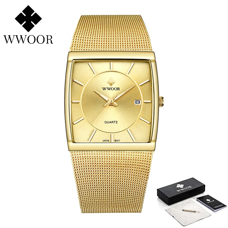 WWOOR, relojes de lujo con movimiento de cuarzo japonés, reloj de malla de acero dorado ultrafino para hombre, reloj de pulsera cuadrado resistente al agua