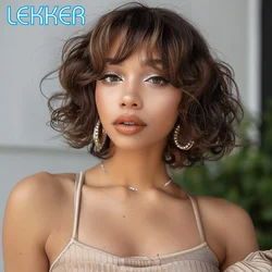 Lekker Short Loose Deep Curly Bob Human Hair Wigs With Bangs For Women Brazilian Remy Hair Glueless Highlight Brown Colored Wigs