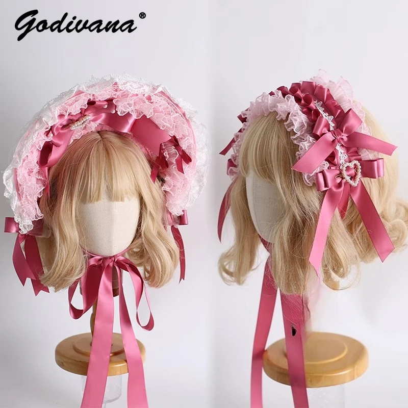 Magnifique poupée dentelle nœud Bonnet rose Bnt haut-de-forme dentelle bandeau fille femmes doux Cosplay chapeaux Lolita couvre-chef
