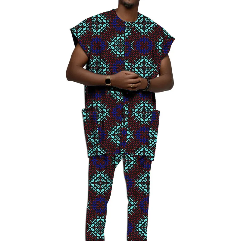 Original Design African Couture Men's Set Vest Top With Pant Nigerian Fashion Wax Print Male Ankara Outfits Wedding Party Wear