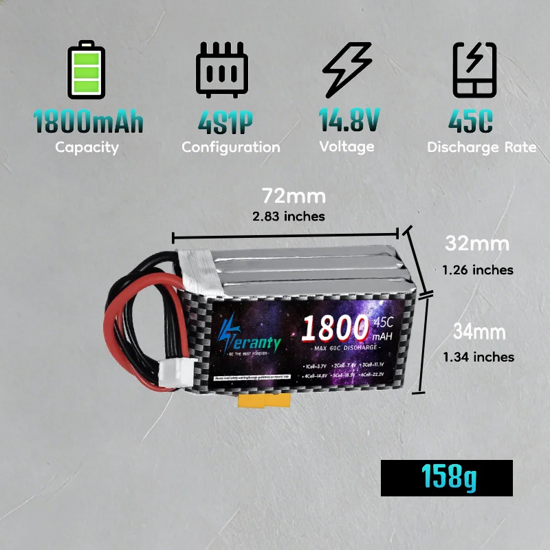 Teranty 4S 14.8V 1800mAh 45C LiPo Battery XT30 DEANS T Plug Mini FPV Tinywhoop Quadcopters RC Micro Aircraft Lithium Battery
