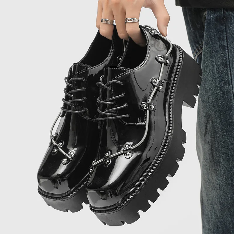 men's fashion punk stage patent leather shoes black designer derby shoe square toe platform sneakers trendy personality footwear