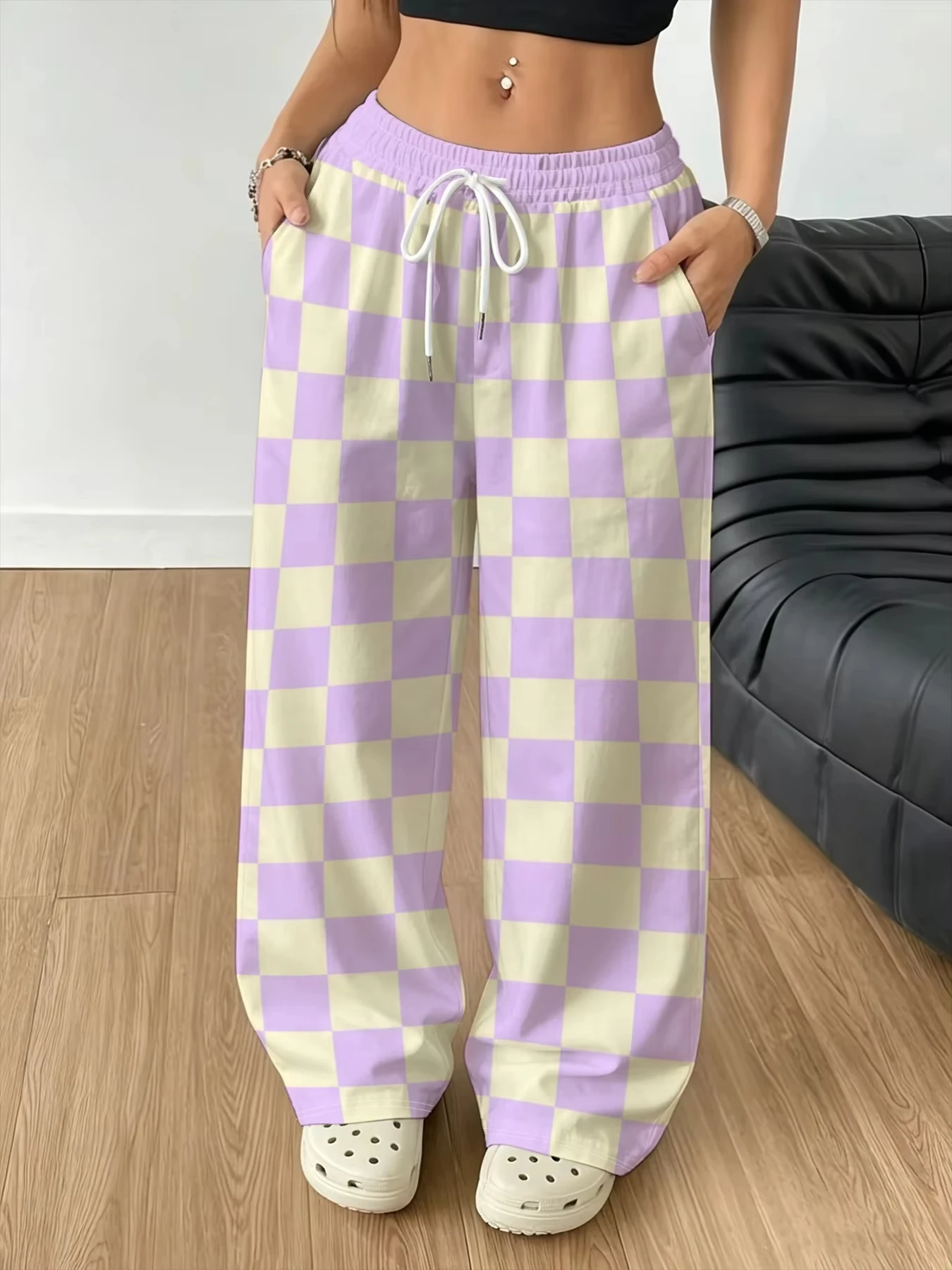 2026 Women' High-Waisted Wide-Leg Trousers - , Adjustable Drawstring Waist, Loose-Fit Figure-Hiding Suitable for Home, Outings
