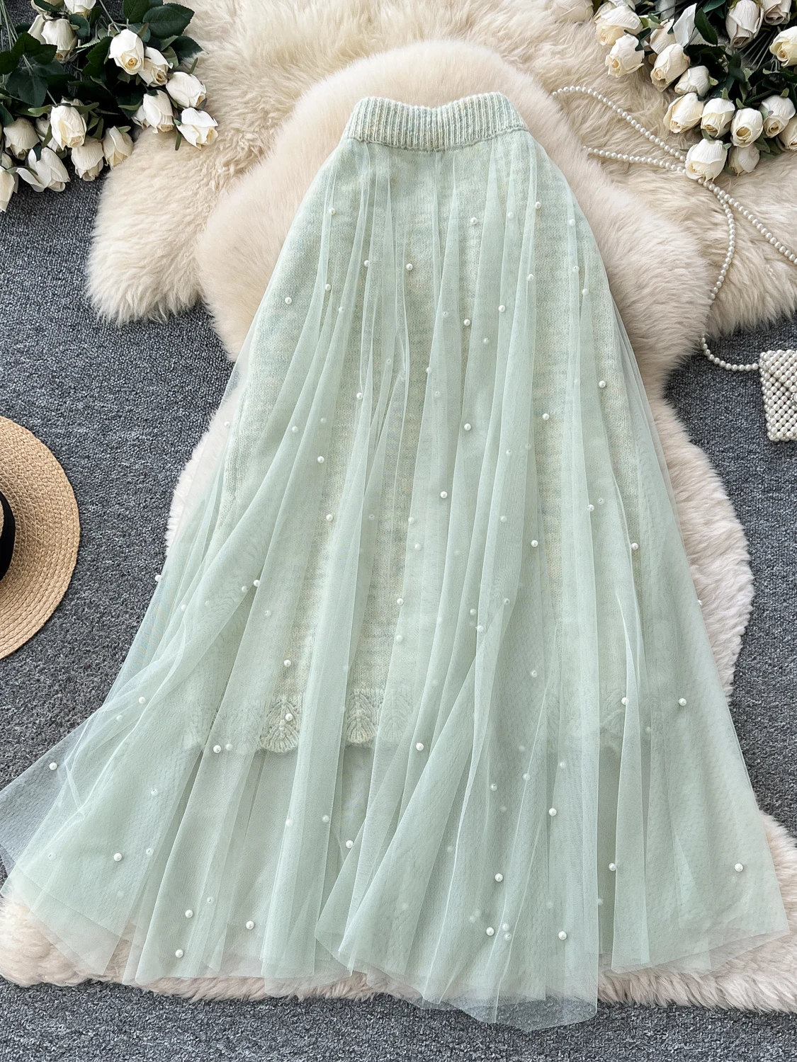 Elegant High Waist A-Line  Skirt with Pearl Embellishment And Large Hem for Women Commute Style Polyester Fiber Skirt
