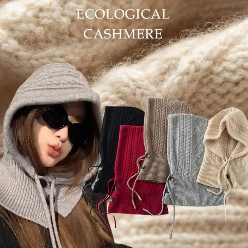 

Winter Solid Color Balaclava Caps Unisex Jacquard Rope Button Knit Hat One-piece Neck Collar Outdoor Warm Coldproof Beanies Cap