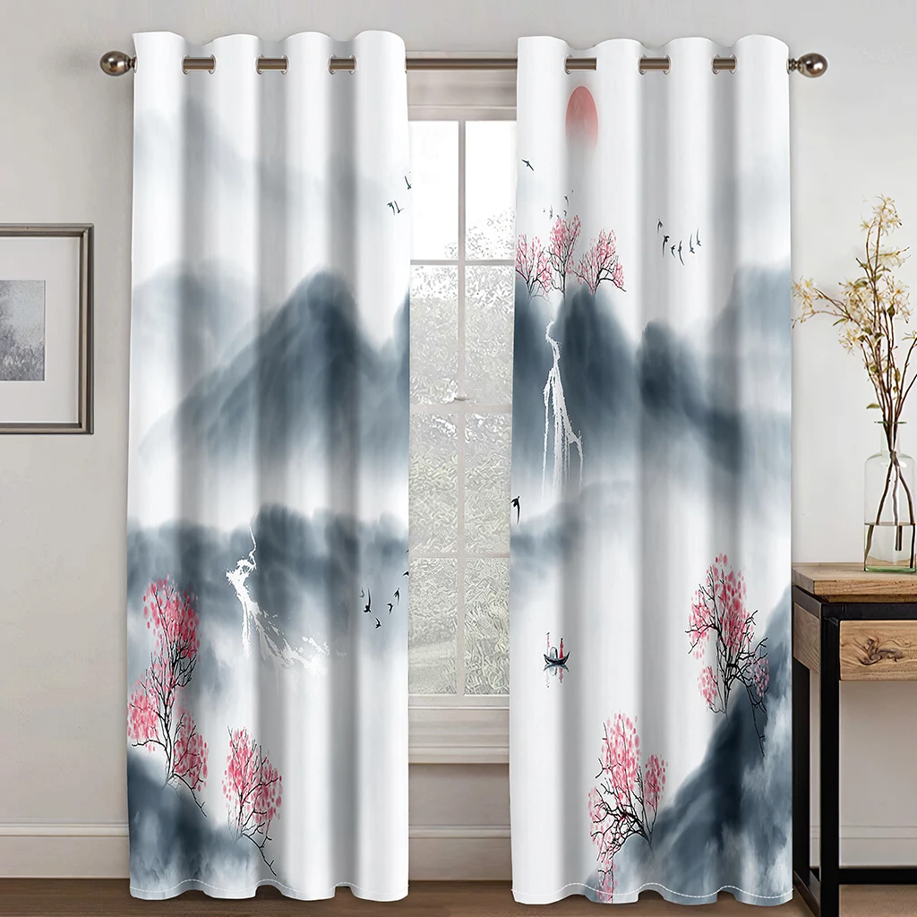 

3D Ink Mountain View Curtains Art Style Bedroom Balcony Window Decorative Curtains 2 Panels