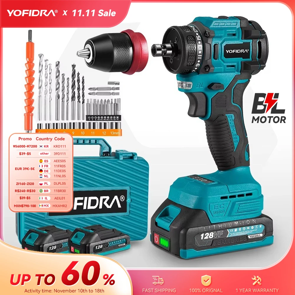 YOFIDRA 2 in1 Brushless Electric Screwdriver Hammer Cordless Drill Impact Multifunctional Power Tool  For Makita 18V Battery