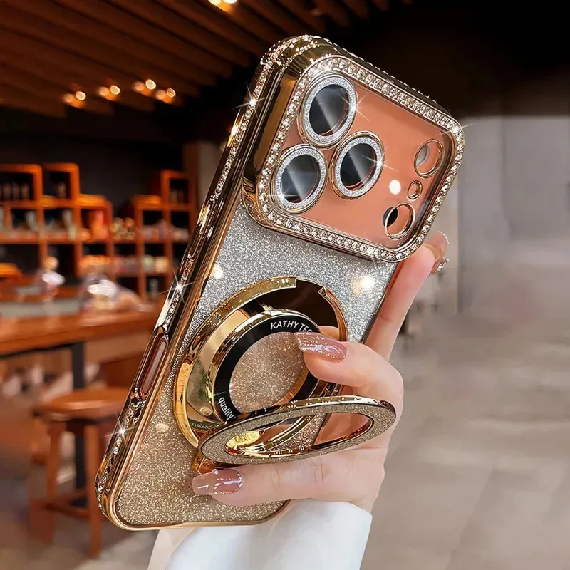 Picture 3: Plating Transparent Diamond Glitter Magnetic Phone Case for iPhone 17 16 13 14 15 Pro Max Lens Protection Bracket Back Cover