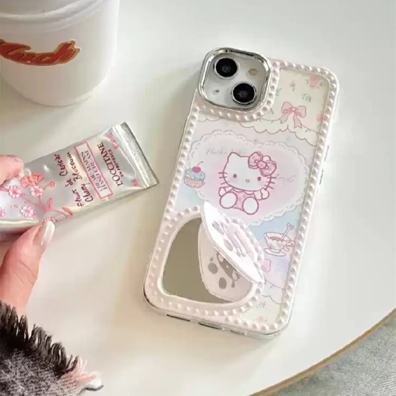 New Cute Hello Kitty Wearing A Small Mirror Phone Case Cartoon Apple Phone 13/14/15promax Kitty Anti Fall Phone Protective Case