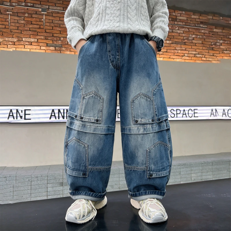 Boys Casual Cargo Jeans With Multi Pocket Streetwear Loose Style Teenage Child Denim Pants High Fashion Kids Trousers Sweatpants