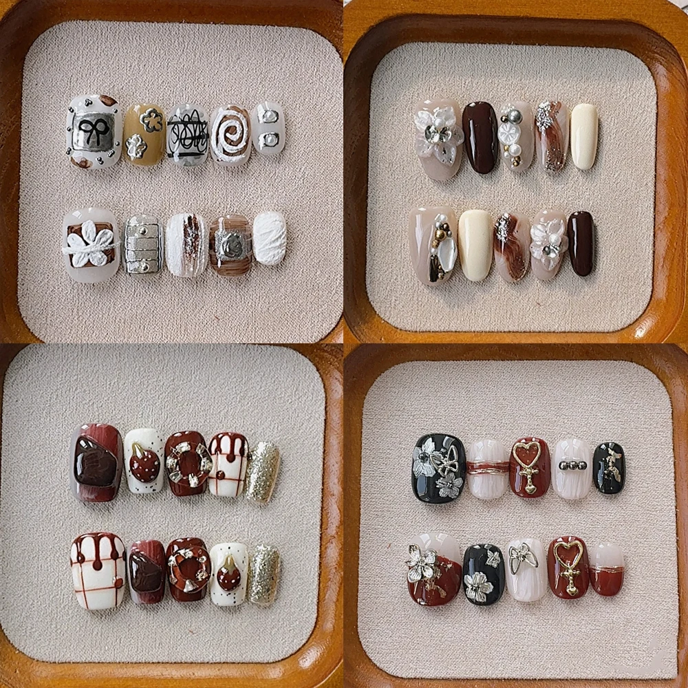 

Sweet Lovely Handmade Short Square Round Ellipse Wearable Press On Nails Hand Painted Flower Butterfly Diamond Pearl Fake Nails