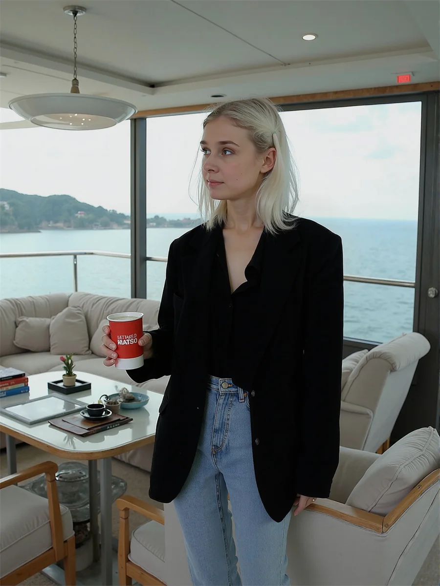 Sólido único breasted blazers clássicos para mulher roupas femininas turn-down comprimento médio marrom manguito bordado sarja rolo de manga comprida