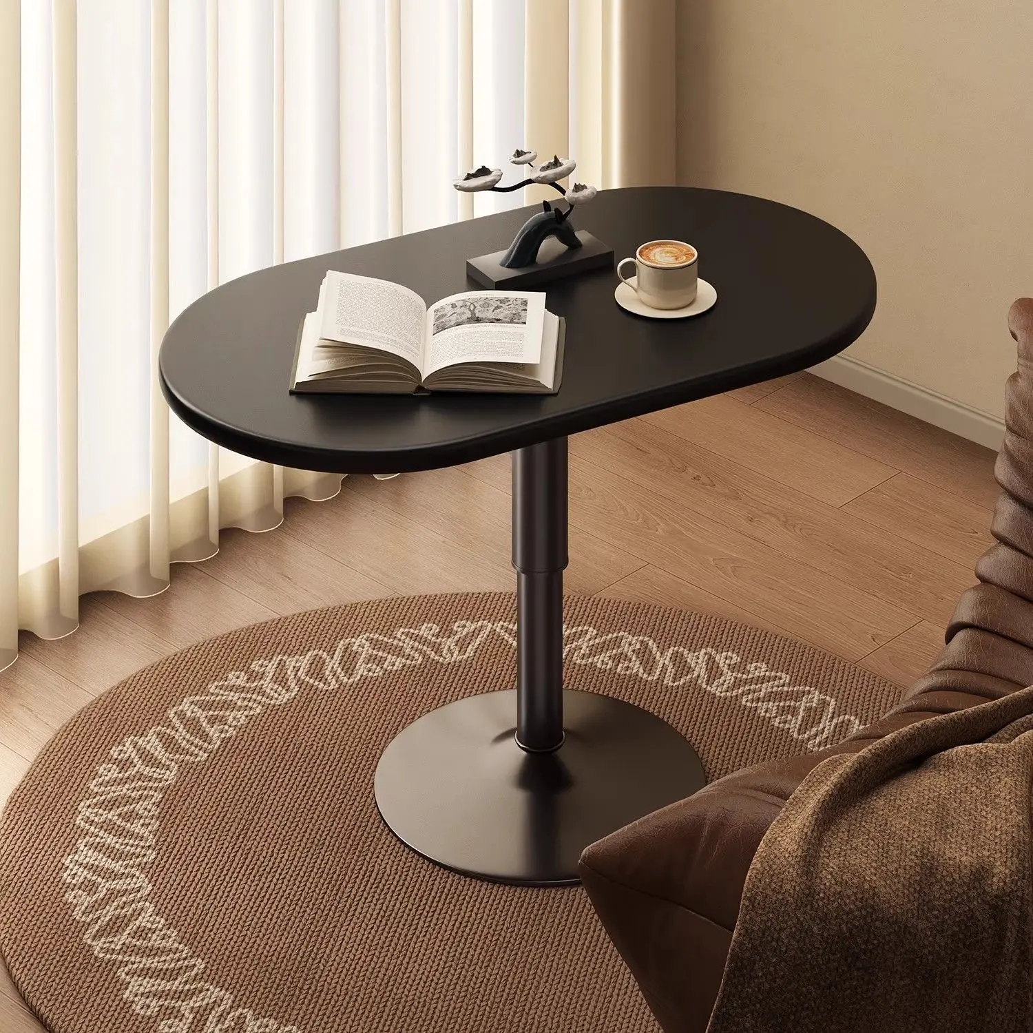 Oval Height Adjustable Side Table, Black Matte Finish, Single Pillar Metal Base, Portable Laptop Desk for Living Room Bedroom