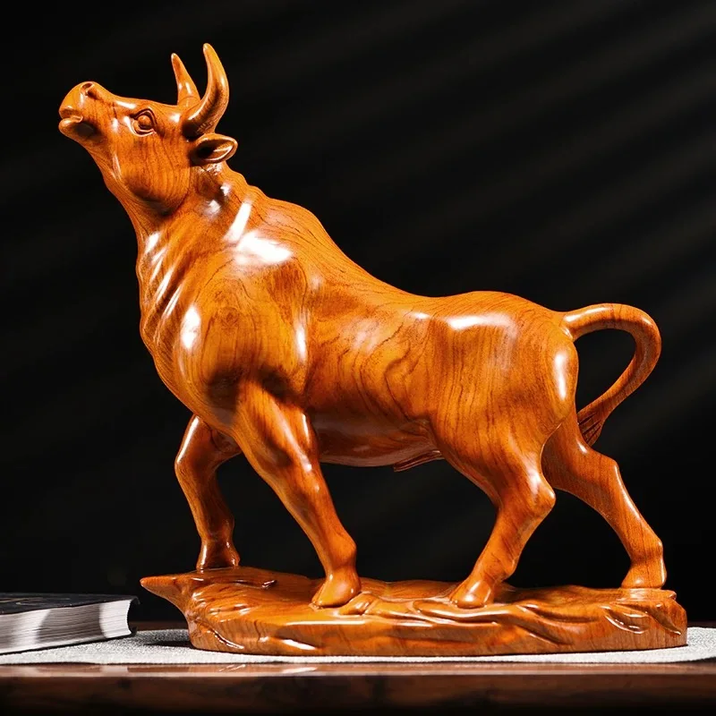 Hand Carved Red Sandalwood Wooden Bull Statue Figurine - Zodiac Ox Power Strength Ornament Home Office Desk Decor Gift