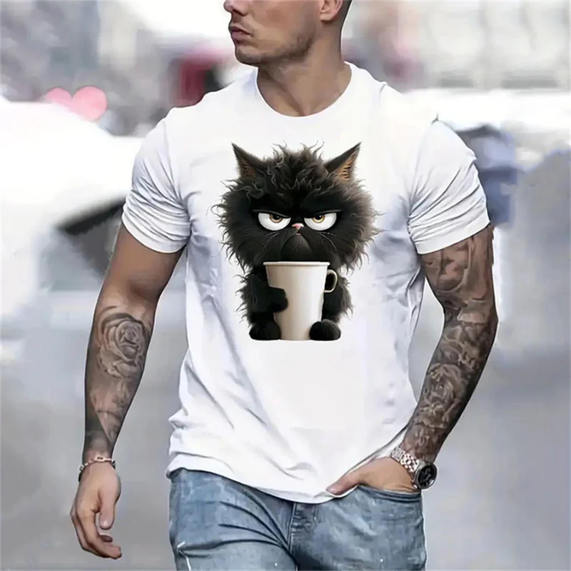 Men\'s T-shirt 3D Cat Print Casual Short Sleeve T Shirts Summer Fashion Streetwear Crew Neck Pullover Oversized Male Clothing