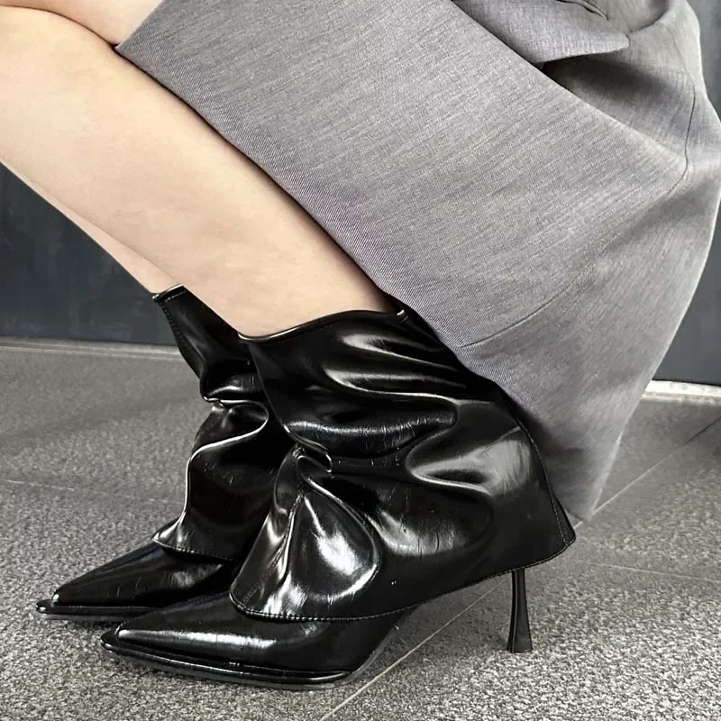 

Women's Pointed Toe Patent Leather Folded Cuff Side Zipper Stiletto Heel Ankle Boots Elegant Casual Daily Footwear Drop Shipping