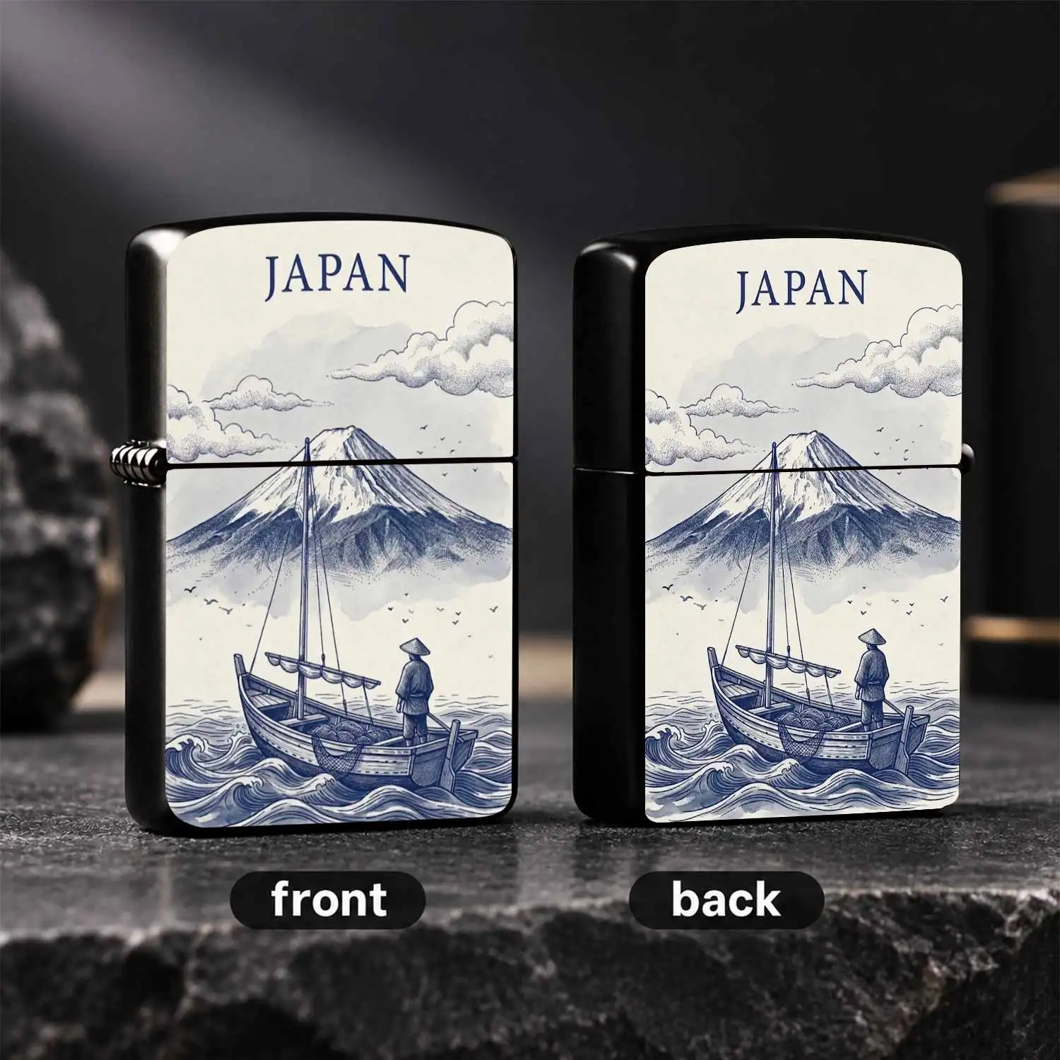 Vintage Japan Mount Fuji Fisherman Boat Print Lighter, Blue Ink Ukiyo-E Style Portable Igniter For Camping Hiking Daily Use, Aesthetic Traditional Japanese Themed Ignition Tool Forgifting Travel Outdoor S A Humorous And Interesting Lighter