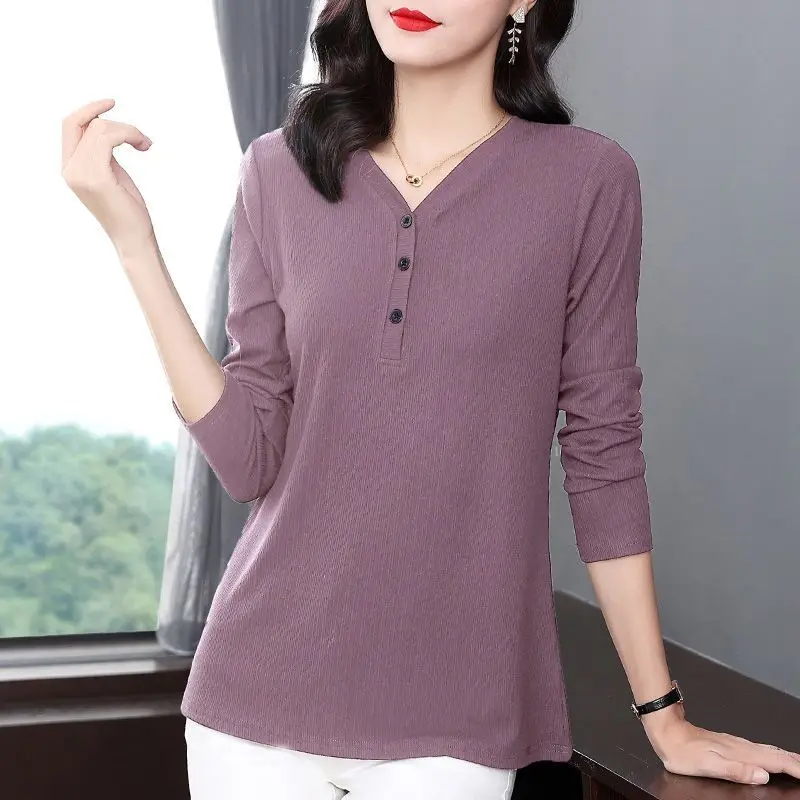 

Spring Autumn New V-neck Fashion Long Sleeve T-shirt Women Elegant Button Patchwork Pullovers Mid-length Casual All-match Tops