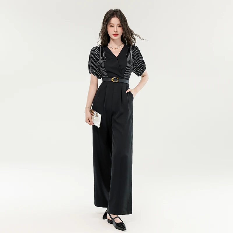 

Ele Faion антивозрастные цельные брюки женские летние с затягивающей талией для похудения шифоновый принт лоскутный комбинезон для поездок на работу широкий L...