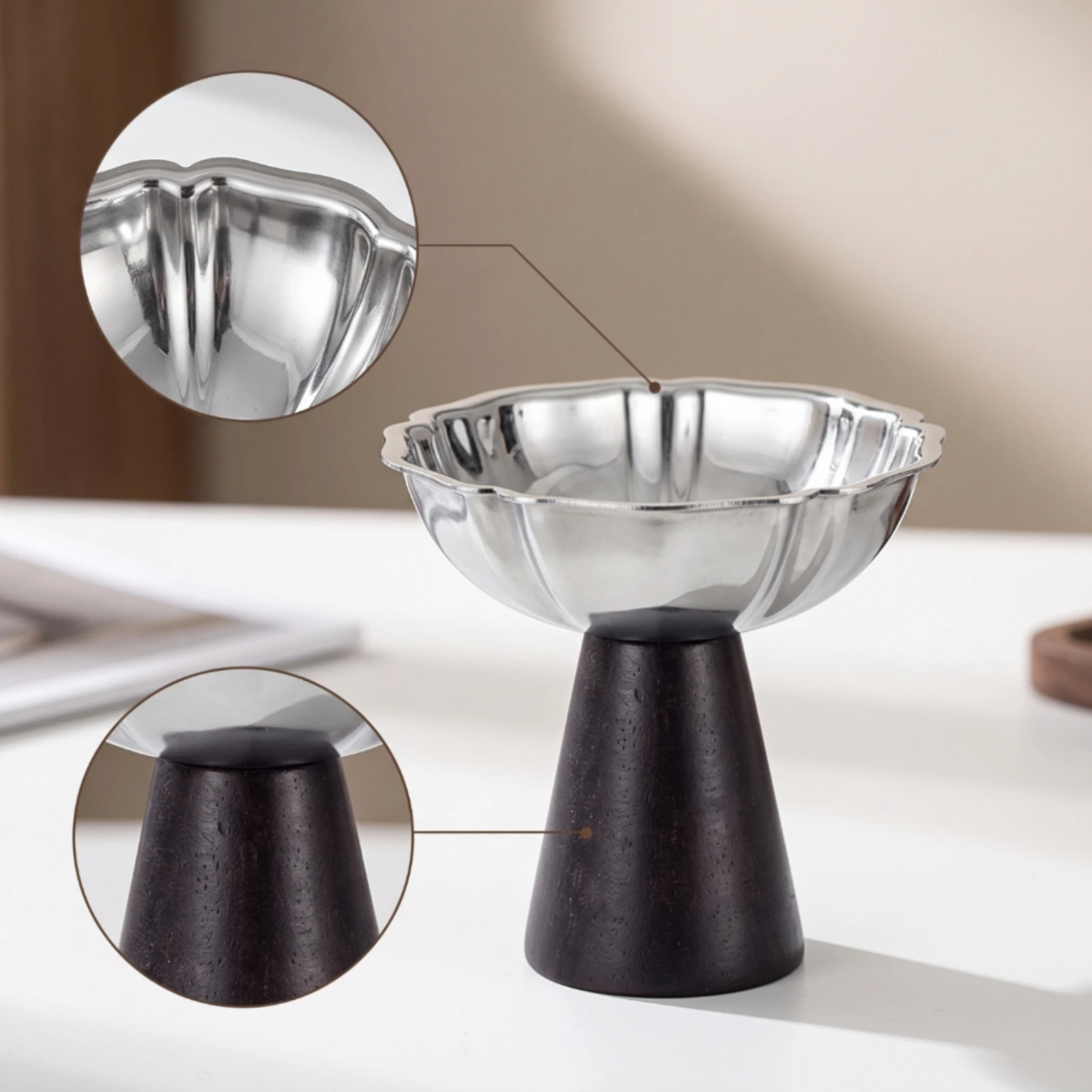 Stainless Steel Dessert Cup with Wooden Base Food-Grade Footed Dessert Bowls Ice Cream Bowls Rust-Resistant Ice Cream Cups