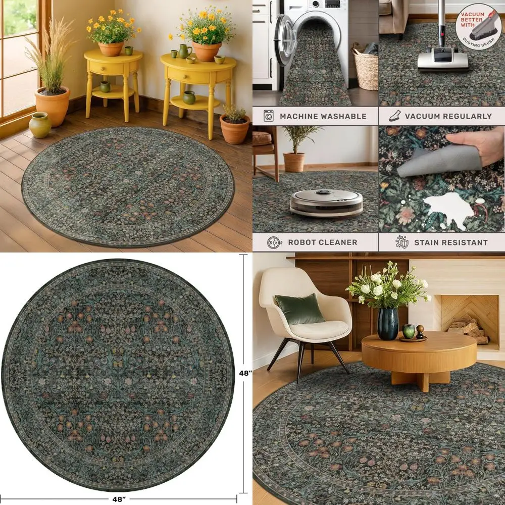

Washable Round Area Rug 4ft for Entryway, Bedroom, Kitchen, Soft Round Living Room Rugs Ultra-Thin Non-Slip, Small Circle Carpet